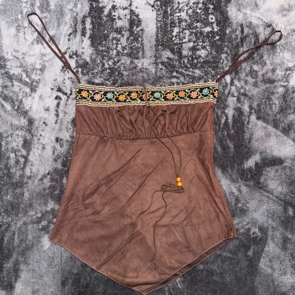 Pepper Brown Faux Suede Handkerchief Hem Cami Top Beaded Floral Embroidered S